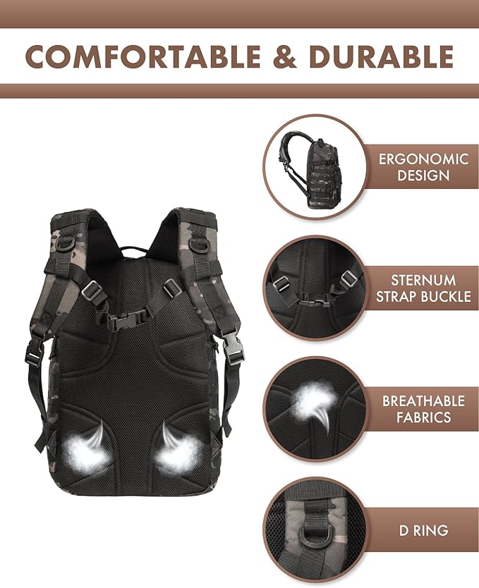 Military Tactical Backpack for Men, 35L Tactical Laptop Backpack, Tactical Bag Bug Out Bag, Army 3 Days Assault Pack - Black&Camo
