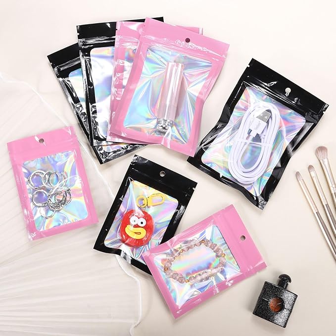 100Pcs 3x4.7 Inch Pink Holographic Bags | Resealable Mylar Pouches for Packaging, Jewelry Storage, Gummies, Cookies & Party Favors