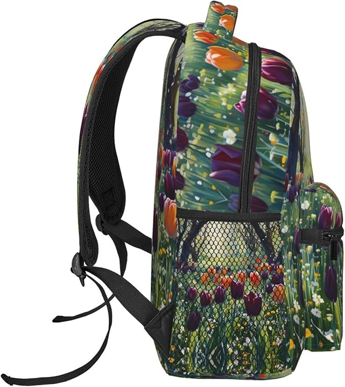 Daypack Anti-Theft Multipurpose Large Capacity Shoulder Bag, Colorful Sea Of Tulips Art Travel Hiking Camping Rucksack With Smooth Zippers