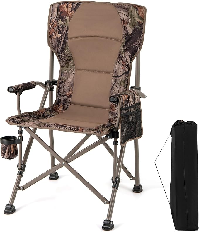 Goplus Folding Camping Chair, 400 LBS Support Lawn Chair w/Armrests with Covers, Cup Holder & Storage Pocket, Adjustable Feet, Portable Camp Chair with Carrying Bag, for Fishing Hunting Picnic (1)