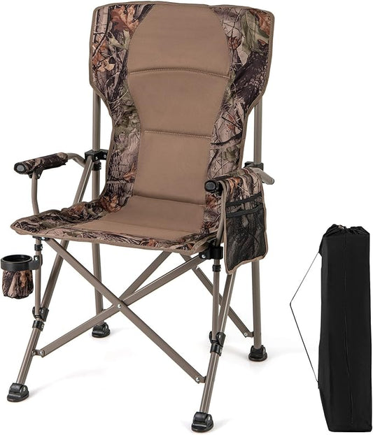 Goplus Folding Camping Chair, 400 LBS Support Lawn Chair w/Armrests with Covers, Cup Holder & Storage Pocket, Adjustable Feet, Portable Camp Chair with Carrying Bag, for Fishing Hunting Picnic (1)