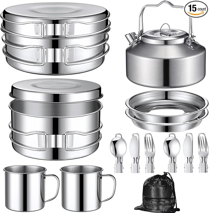 15 Pcs Camping Cookware Mess Kit Outdoor Cooking Set Stainless Steel with Pot and Pan Kit 2 Set Stainless Steel Cups Plates Forks Knives Spoons for Camping Backpacking Cooking Picnic