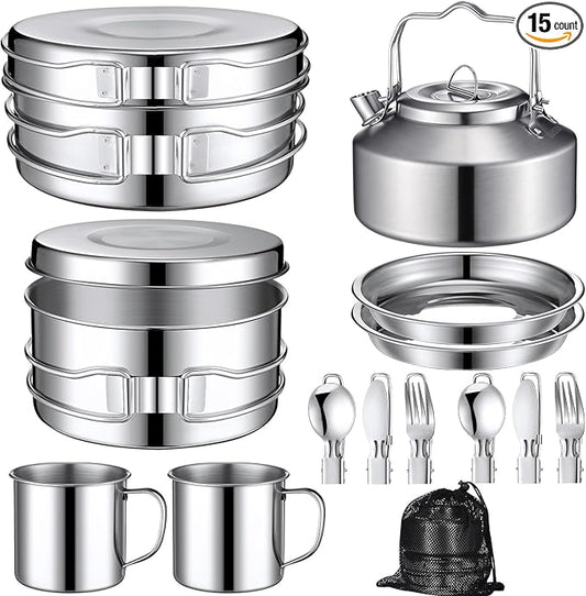 15 Pcs Camping Cookware Mess Kit Outdoor Cooking Set Stainless Steel with Pot and Pan Kit 2 Set Stainless Steel Cups Plates Forks Knives Spoons for Camping Backpacking Cooking Picnic