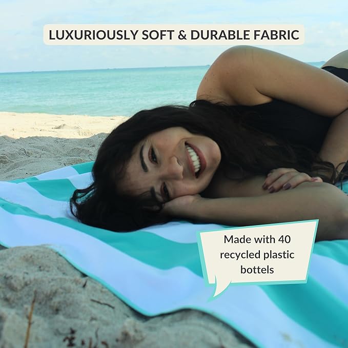 Plush Microfiber Beach Blanket, Extra Large Beach Mat for 3-6 Persons, Sandproof, Windproof | Hole for Umbrella, Corner Sand Pockets to Fight Wind (Bag for Blanket Included)