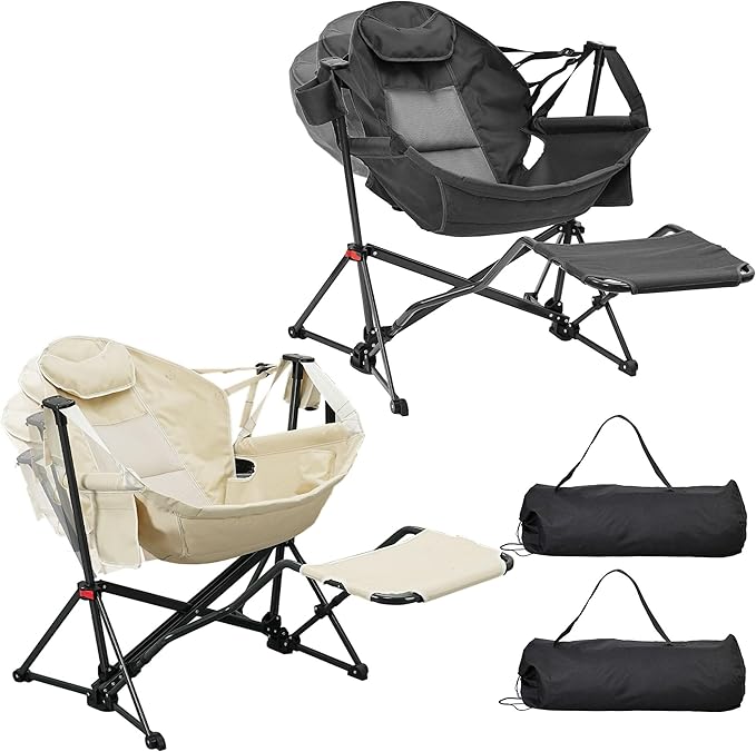 Ainfox Hammock Camping Chair with Footrest, Heavy Duty Foldable Portable Rocking Hammock Chairs Outside Swinging Camp with Cup Holder Pillow for Outdoor Patio Poolside Beige Black