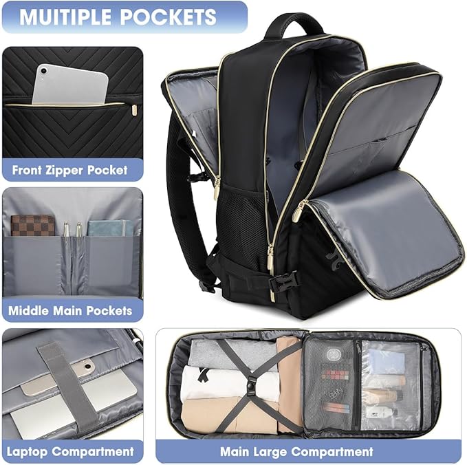LUOCIP Large Carry On Travel Backpack - Flight Approved Waterproof Luggage Suitcase Backpacks Personal Item Size for Women Fit 17 Inch Laptop College Overnight Weekender Bag With 3 Packing Cube Black