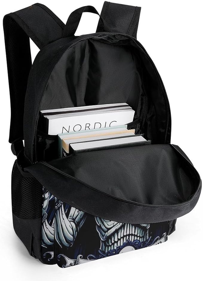 Men Women Lightweight Skull Fire Backpack Large Capacity Bookbag With Smooth Zippers for Gym Business Running