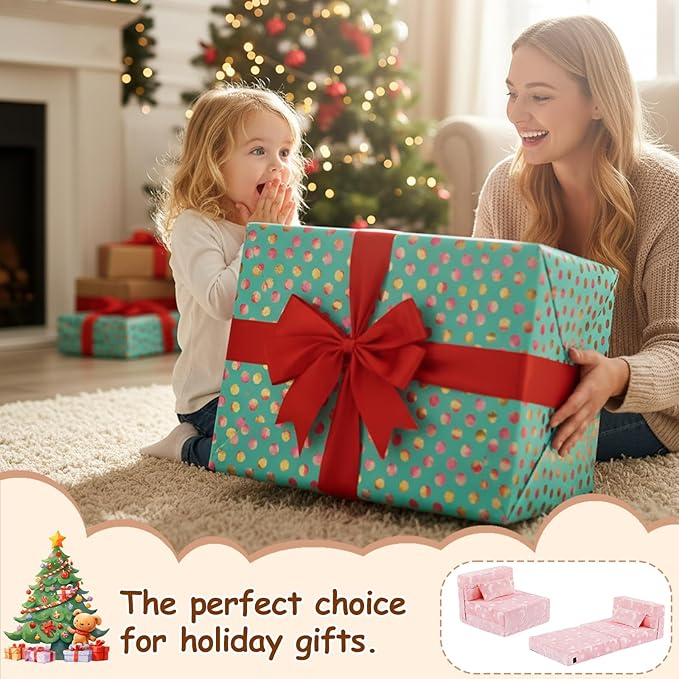 Folding Sofa Bed Floor Mattress for Kids with Pillow, Toddler Glow in Dark Washable Folding Floor Mat for Daycare, Child Foldable Futon Chair with Storage Bag for Playroom, Camping, Pink Moon