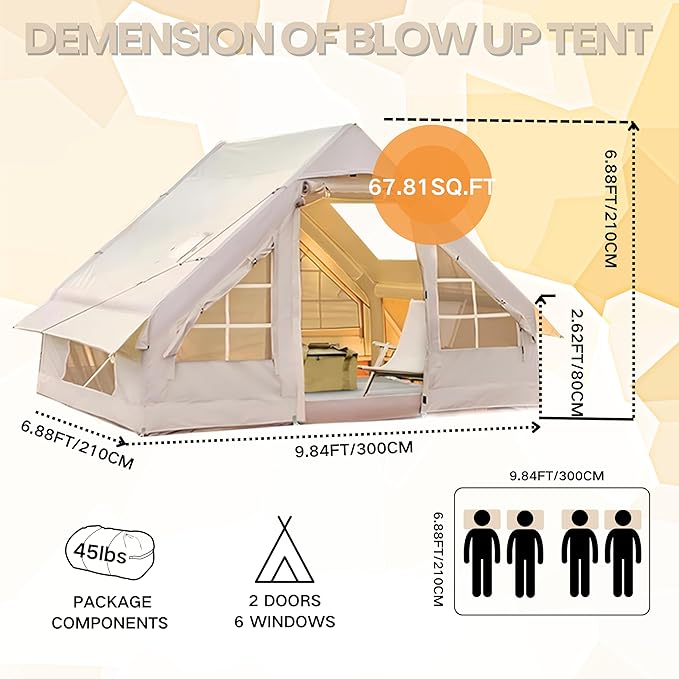 Inflatable Tent, Outdoor Easy Setup Inflatable Tents for Camping, Portable Blow Up Tent with Stove Jack, Cotton Canvas Material for Glamping, for 4 Season, 4/6/8/10 Person Use