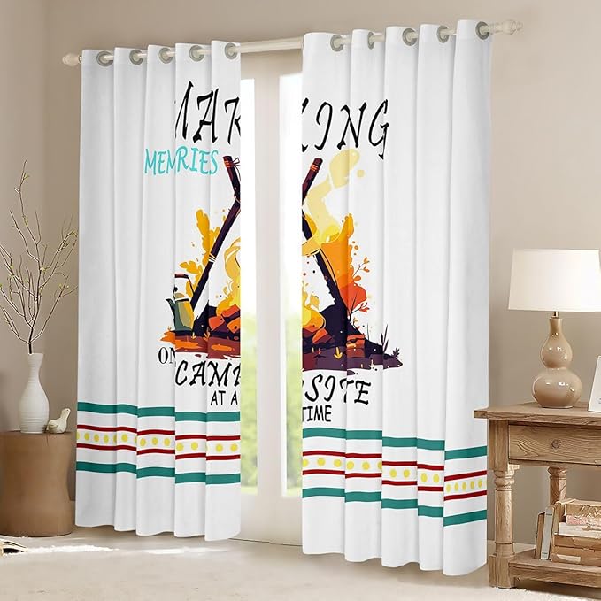Camper Adventure Blackout Curtains,Geometric Polka Dot Stripe RV Trailer Blackout Curtains,Bonfire Campfire Rustic Farmhouse Boys Girls Room Decor,White 2 Panels,52Wx90L inch