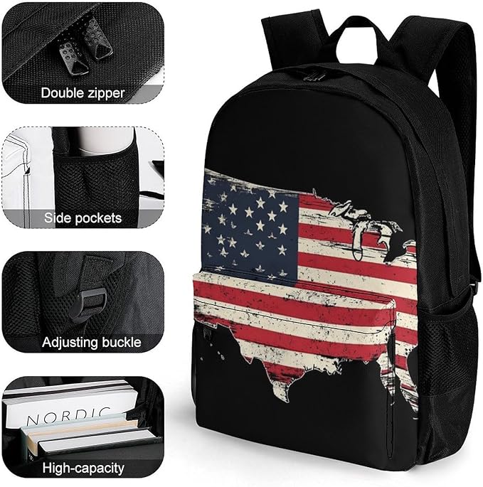 Supdreamc Polyester Daypack for Hiking Work Running, Big Capacity Anti-Theft Multipurpose Shoulder Bag, American Flag Patriotic Usa Map Travel and Sport Backpack Rucksack