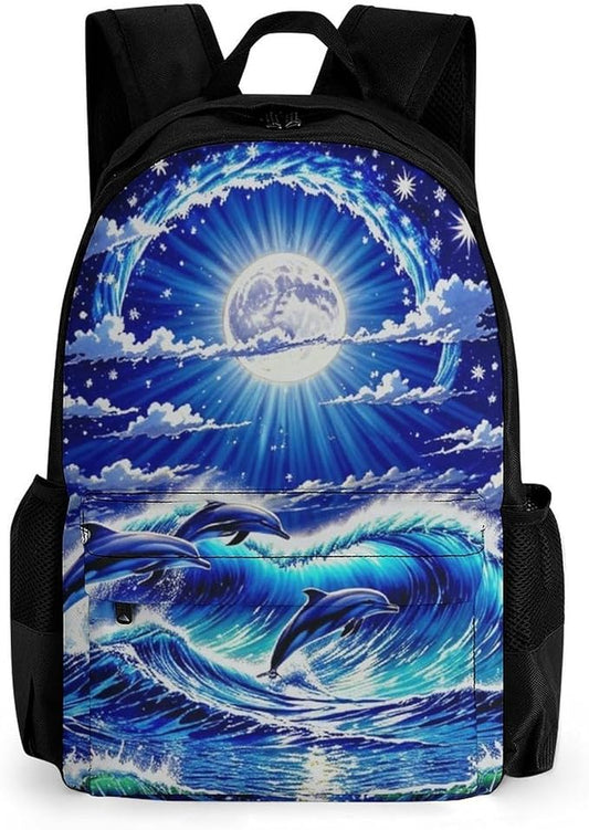 Supdreamc Lightweight Rucksacks for Climbing Outdoors Walking Cycling, Large Capacity Anti-Theft Multipurpose Carry On Bag, Dolphin Blue Great Water Of Waves Sea Moon Camping Outdoor Backpack