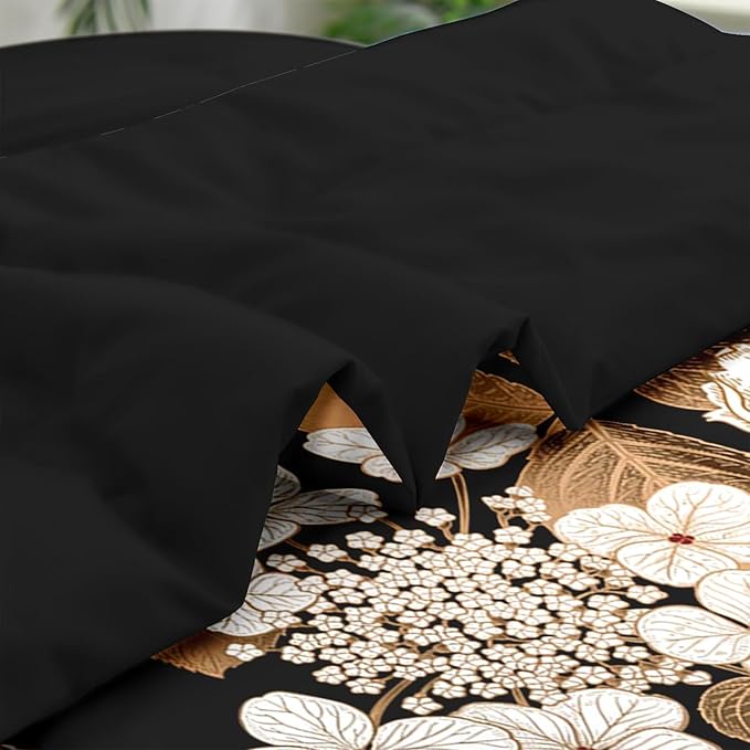 Comforter Set Queen Size, Hydrangea Butterfly Flower 7 Pcs Bedding for Kids and Adults, Black Gold Bed Sheet Sets with Fitted Sheet 2 Pillowcase & 2 Sham for Bedroom Bed Decor