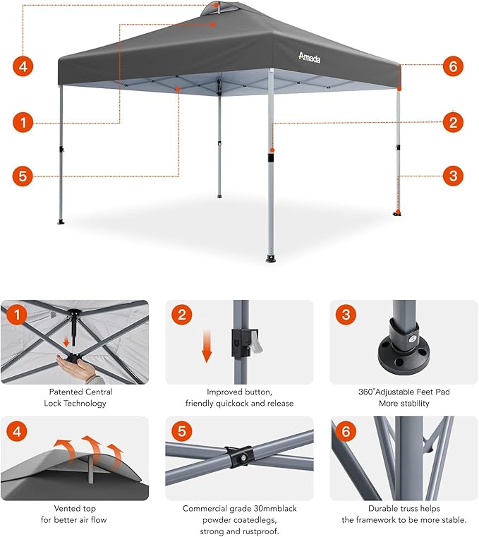 Amada 10x10 Pop Up Canopy - Center Lock One Push Instant Setup Gazebo Outdoor Canopy Beach Tent with STO-N-Go Bag 8 Stakes & 4 Sand Bags, 3-Height Adjustable Shade Shelter (10x10ft, Grey)