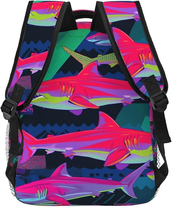 Men Women Lightweight Colorful Shark Art Casual Daypack Large Capacity Bookbag With Adjustable Shoulder Straps for Gym Business Bicycle