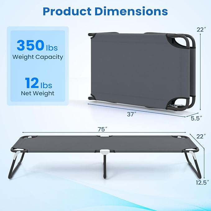 GYMAX Folding Camping Cot, Portable Ultralight Compact Sleeping Cot Bed for Adults with Oxford Fabric, for Outdoor Travel Backpacking Hiking Patio Home Office, 330LBS (Grey)