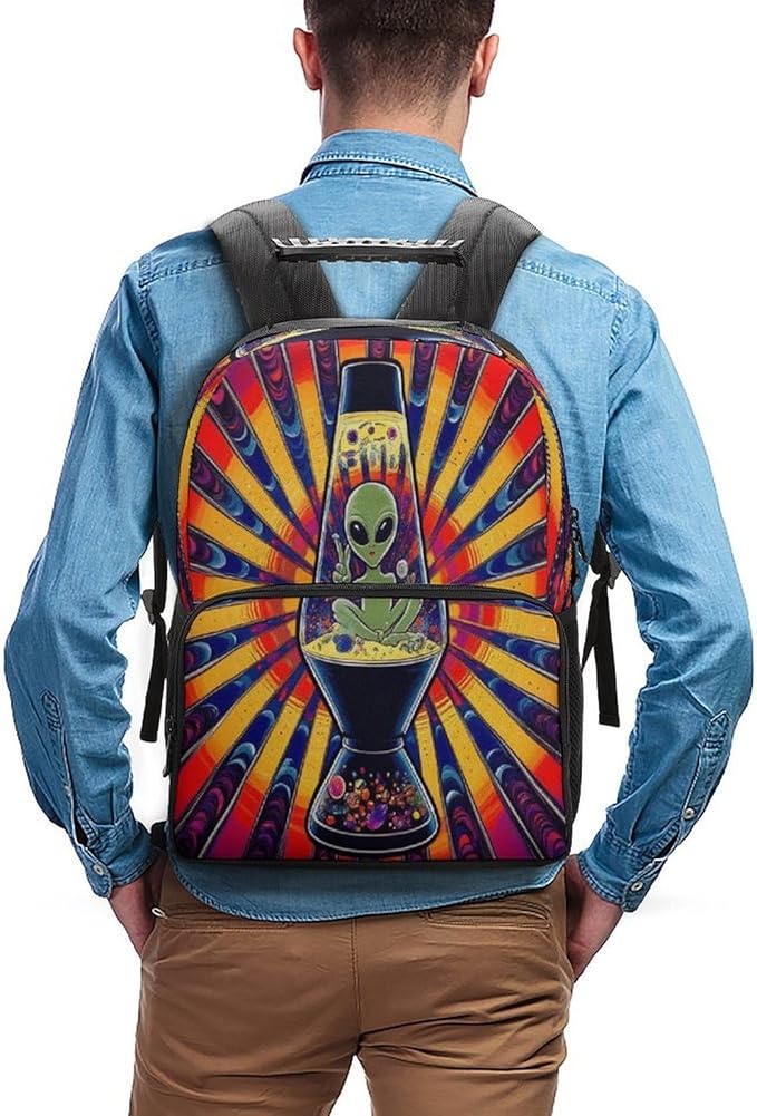 Men Women Lightweight Trippy Tie Dye Alien Casual Daypack Big Capacity Bookbag With Padded Straps for Gym Travel Walking Cycling