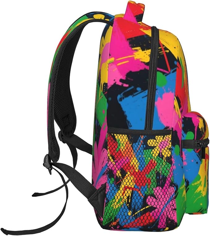 Men Women Polyester Paint Splatter Colorful Daypack Bookbag Big Capacity Shoulder Bag With Padded Straps for Climbing Travel Walking Cycling