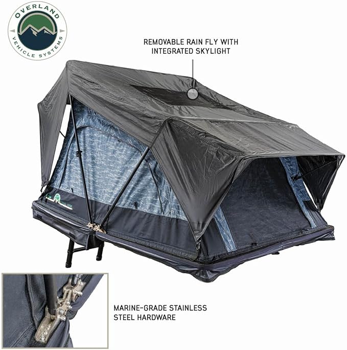Overland Vehicle Systems XD Sherpa Soft Shell Aluminum Hard Shell Hybrid Roof Top Tent with Blackout Kit - Grey Body & Black Rainfly
