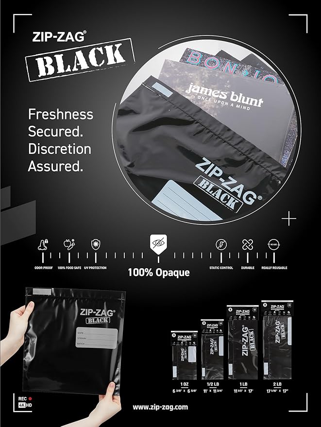 Zip Zag Bag Black (1/2 LB) 10x Large Zipper Bags (11" x 11.75") | Say Goodbye to Stale Herbs And Spices With Food Safe Zipper bags | Resealable, Reusable, Washable, Airtight Bags