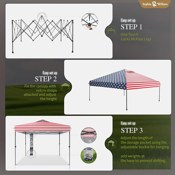 Sophia & William Canopy Tent Pop Up 10x10 ft, One Person Push Set Up Tent, Outdoor Canopies Shelter Heavy Duty Straight Legs with 4 Sandbags & Guy Ropes, 1 Roller Bag & Storage Bag, 8 Stakes, UPF50+