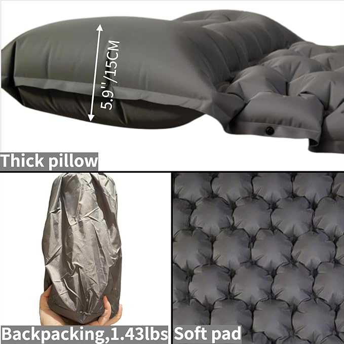 DANCHEL OUTDOOR Ultralight Inflatable Sleeping Pad for Camping - Built-in Foot Pump & Pillow, Compact Air Mattress for Backpacking, Hiking, Travel, Gray