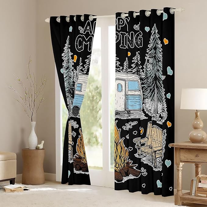 Feelyou Black Camping Camper Rv Curtains for Bedroom Living Room Rustic Farmhouse Camper Blackout Shades Happy Camping Room Darkening Curtain Window Treatments, 2 Panels 52 x 96 Inch Decor