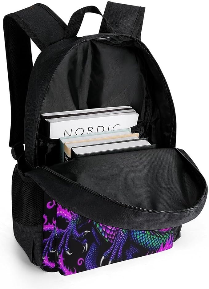 Men Women Lightweight Burning Flaming Fire Chinese Dragon Art Backpack Large Capacity Bookbag With Smooth Zippers for Gym Business Running