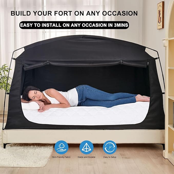 Privacy Sleep Indoor Bed Tent for Adults Kids, Portable Blackout 90% Canopy Tents with 3 Doors Breathable Mesh Windows