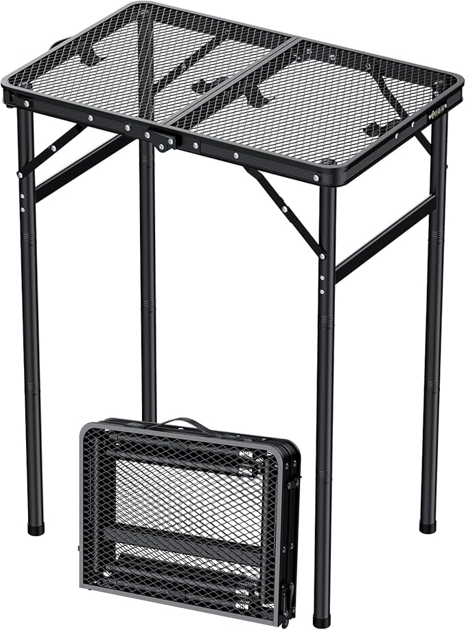 Folding Grill Table with Mesh Desktop Lightweight & Portable Camping Table Outdoor Grill Tables Aluminum Alloy Foldable Grill Table 3 Height Adjustable for Camping Picnic Cooking BBQ