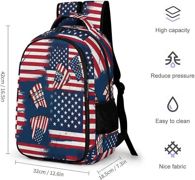 Sturdy College Bookbag Red Blue White American Flag Art, Anti Theft Water Resistant Laptop Backpack with Multi Compartments for Travel Business Hiking