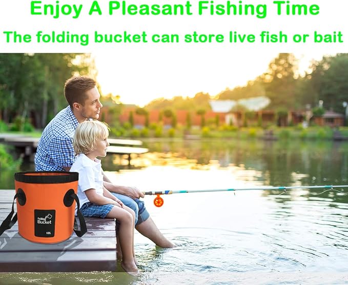 Sunglow Collapsible Fishing Bucket, 3 Gallon Multifunctional Portable Wash Basin - Water Container for Fishing, Camping, Gardening (12L/3gallon (Orange))