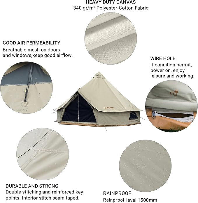 KingCamp Khan Canvas Bell Tent 16.4ft for Camping, Glamping, with 2 Room Camping Shower Tent