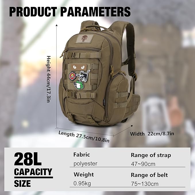 Mardingtop 28L Tactical Backpack for Men with Loop and Hook Patch, Molle EDC Motorcycle Backpacking Backpack for Hiking,Camping