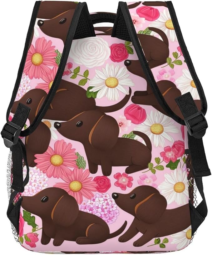 Daypack Bookbag Anti-Theft Multipurpose Large Capacity Bookbag, Golden Retriever Dog Pink Flower Travel Hiking Camping Rucksack With Adjustable Shoulder Straps