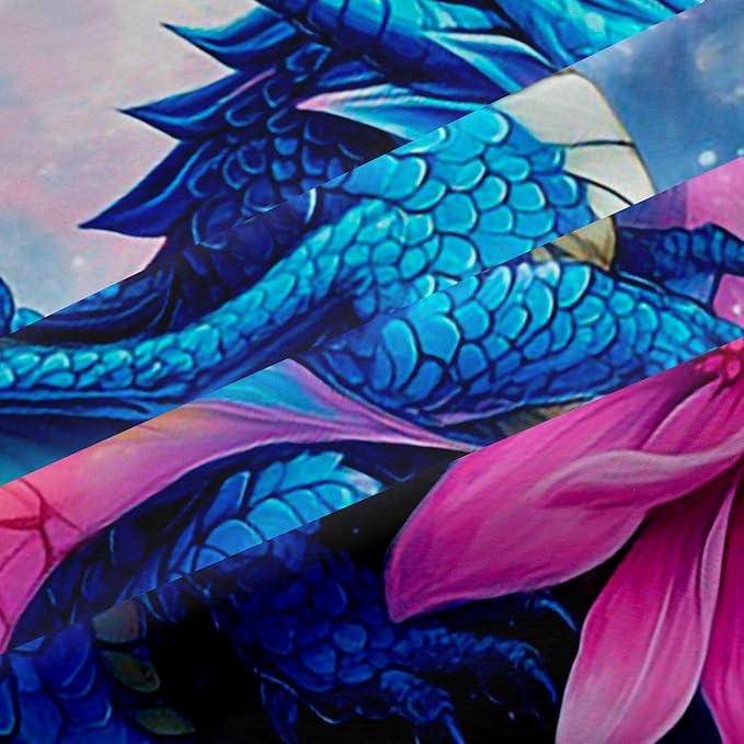 Manfei Blue Dragon Blackout Curtains Pink Lotus Flower Window Drapes,Cartoon Wild Animal Theme Window Treatments,Kids Boys Girls Room Decor,Grommet Top 2 Panel Set Bedroom Curtains, 42Wx90L inch