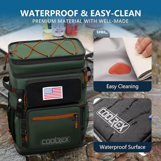 Large Backpack Cooler 36 Can Cooler Backpack with 2 Insulated Compartments Leak Proof Waterproof Travel Backpack, Camping Beach Picnic Lunch Thermal Bag for Women and Men (Green)