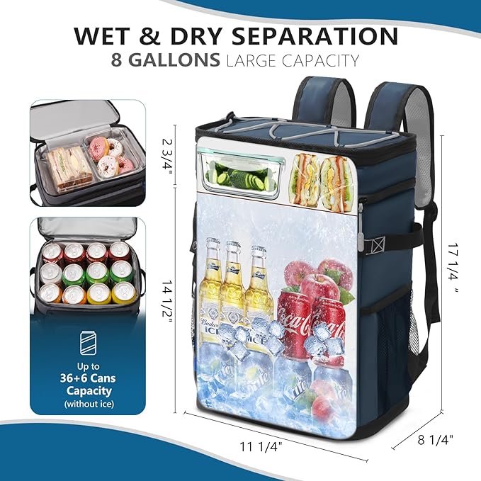 Large Backpack Cooler 36 Can Cooler Backpack with 2 Insulated Compartments Leak Proof Waterproof Travel Backpack, Camping Beach Picnic Lunch Thermal Bag for Women and Men