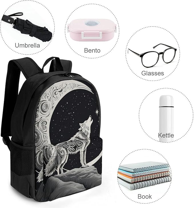 Polyester Daypack for Camping Travel Walking Cycling, Big Capacity Anti-Theft Multipurpose Bookbag, Wolf Howling Moon Camping Outdoor Backpack