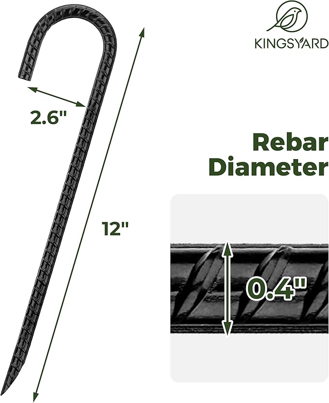 Kingsyard 16 Pack 12 Inch Rebar Stakes J Hook Ground Stakes 0.4 inch Diameter Heavy Duty Galvanized Metal Tent Stakes Chain Link Fence Stakes for Trampolines Lawn Decorations Swing Inflatables Canopy