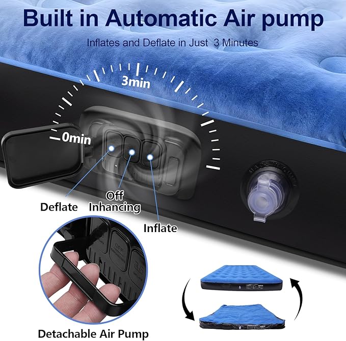 Queen Air Mattress with Built in Pump, 48Hr Leak-Proof Test, 3 Mins Quick Self-Inflation, Flocked Top Airbed with Carry Bag for Home, Camping, Honeycomb Pillar Design, Supports 650 lbs