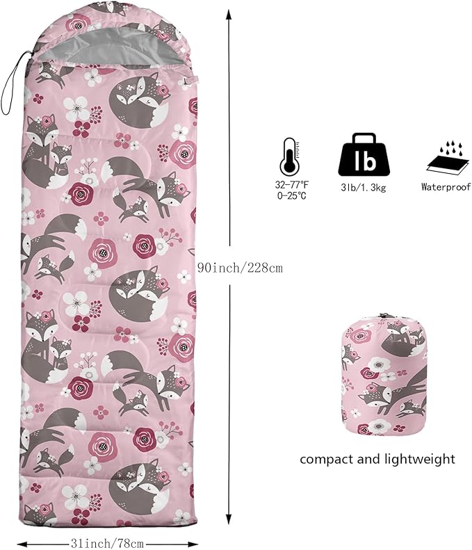 AILONEN Girls Pink Camping Sleeping Bags,Lightweight & Waterproof,3 Season Warm & Cool Weather,Cute Bow Duck Print Sleeping Bags for Kids,Girls,Adults Travelling,Outdoors