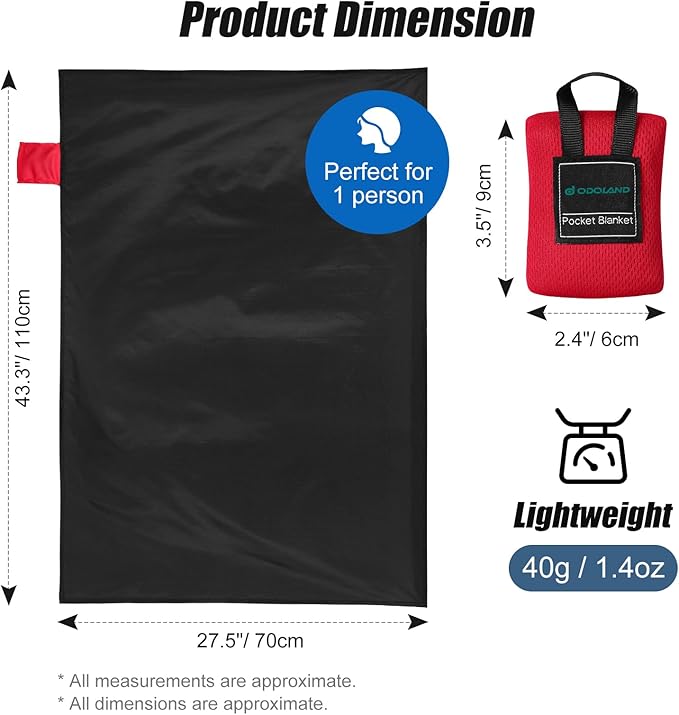 Odoland Beach Blanket Picnic Blanket, 43.3" x 27.5" SandProof Waterproof Outdoor Pocket Blanket with Portable Bag, Foldable Lightweight Sand Free Beach Mat for 1 People Hiking, Camping, Travel, Black