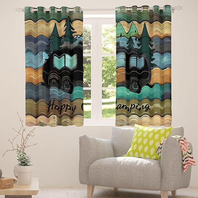 jejeloiu Happy Camping Blackout Curtains 30%-50% Vintage Darkening Drapes for Bedroom Living Room Decor Cartoon Camping Car Thermal Insulated Shades Window Treatments, 2 Panels 52 x 90 Inch