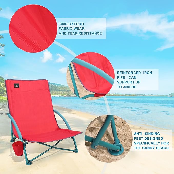 Northroad 2 Pack Low Folding Beach Chair,Portable Lightweight Lowback Sling Chair, Outdoor Low Seat Camping Chair w/Cup Holder & Carry Bag for Sand Camping Lawn Picnic Festival,Pink