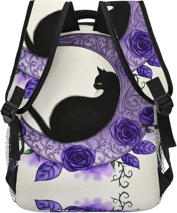 Polyester Daypack Backpack for Climbing Outdoors Running, Big Capacity Multipurpose Anti-Theft Bookbag, Elegant Black Cat Crescent Moon Purple Rose Vine Art Travel Hiking Camping Rucksack