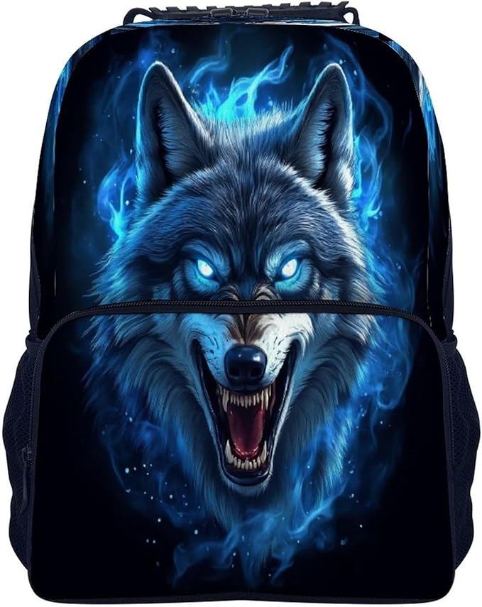 Men Women Polyester Blue Fire Flame Wolf Daypack Big Capacity Shoulder Bag With Smooth Zippers for Hiking Work Walking Cycling