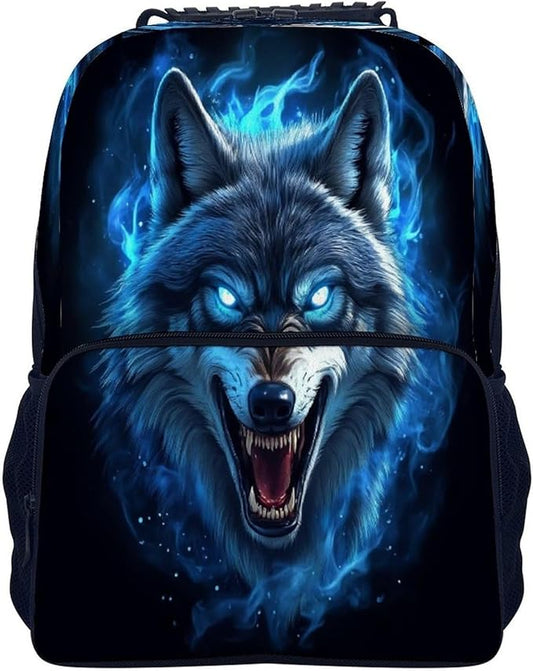 Men Women Polyester Blue Fire Flame Wolf Daypack Big Capacity Shoulder Bag With Smooth Zippers for Hiking Work Walking Cycling