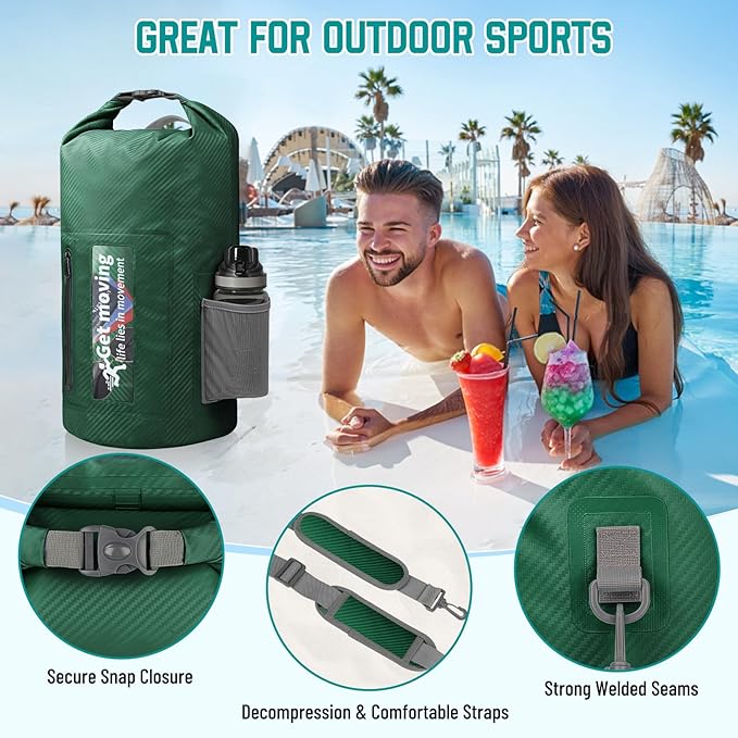 BKNOOU Dry Bag Waterproof for Women Men, 10L/20L Roll Top Lightweight Dry Storage Bag Backpack for Travel, Kayaking, Boating, Rafting, Camping, Hiking and Beach, with Phone Case (Military green, 10L)