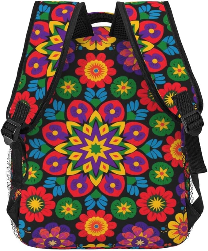 Backpack Polyester Anti-Theft Multipurpose Psychedelic Trippy Mandala Flower Bookbag Large Capacity Laptop Book Bag Rucksack With Side Pockets